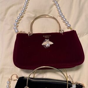 Gucci Burgundy Velvet Mini Top Handle Bag with Pearl Strap